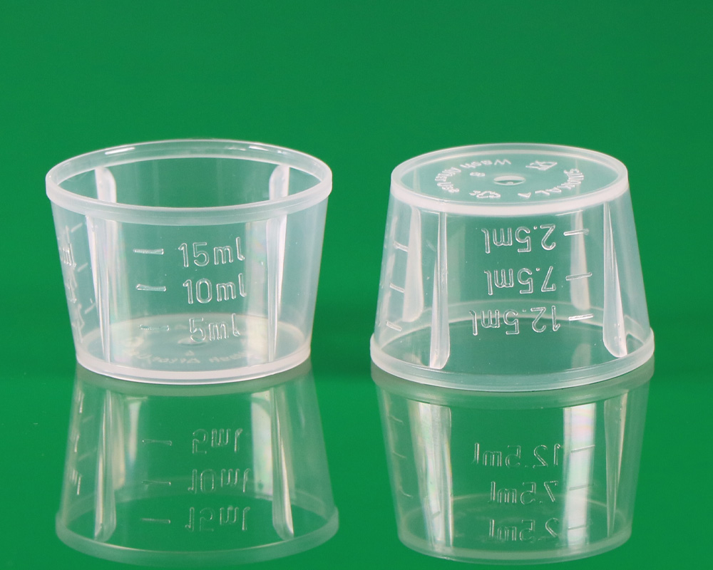15cc PP measuring cup for 28mm PE cap for syrups پیمانه مدرج 15 سی سی کپ پلاستیکی