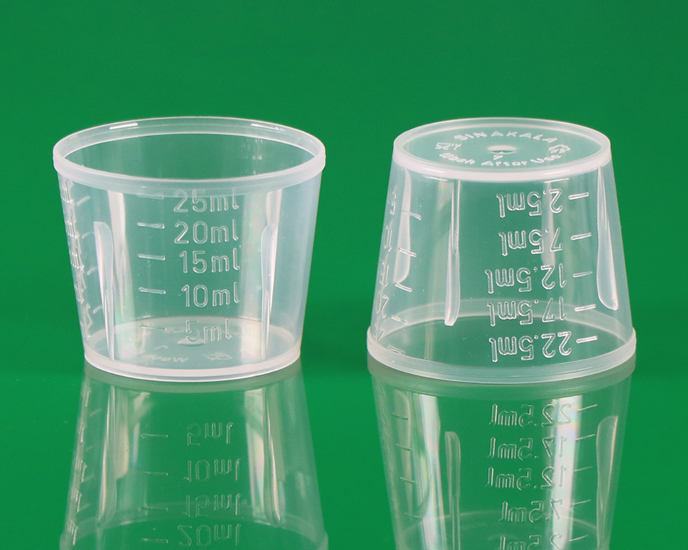 25cc PP measuring cup for 28mm PE cap for syrups پیمانه مدرج 25 سی سی کپ پلاستیکی
