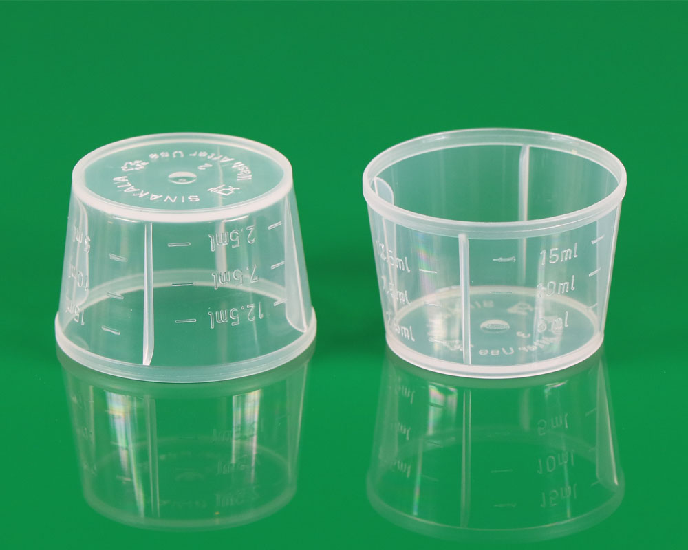 15cc PP measuring cup for 28mm PE cap for syrups پیمانه مدرج 15 سی سی کپ پلاستیکی