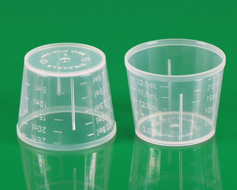 25cc PP measuring cup for 28mm PE cap for syrups پیمانه مدرج 25 سی سی کپ پلاستیکی