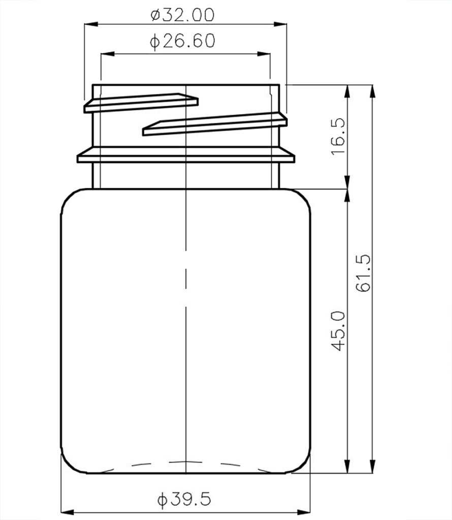 dimension of 45cc PE Bottle and flacon and Container for pharmaceutical capsule and tablet with 32mm neck ابعاد قوطی قرص بطری فلاکن 45 سی سی با درب ساده و چایلدلاک