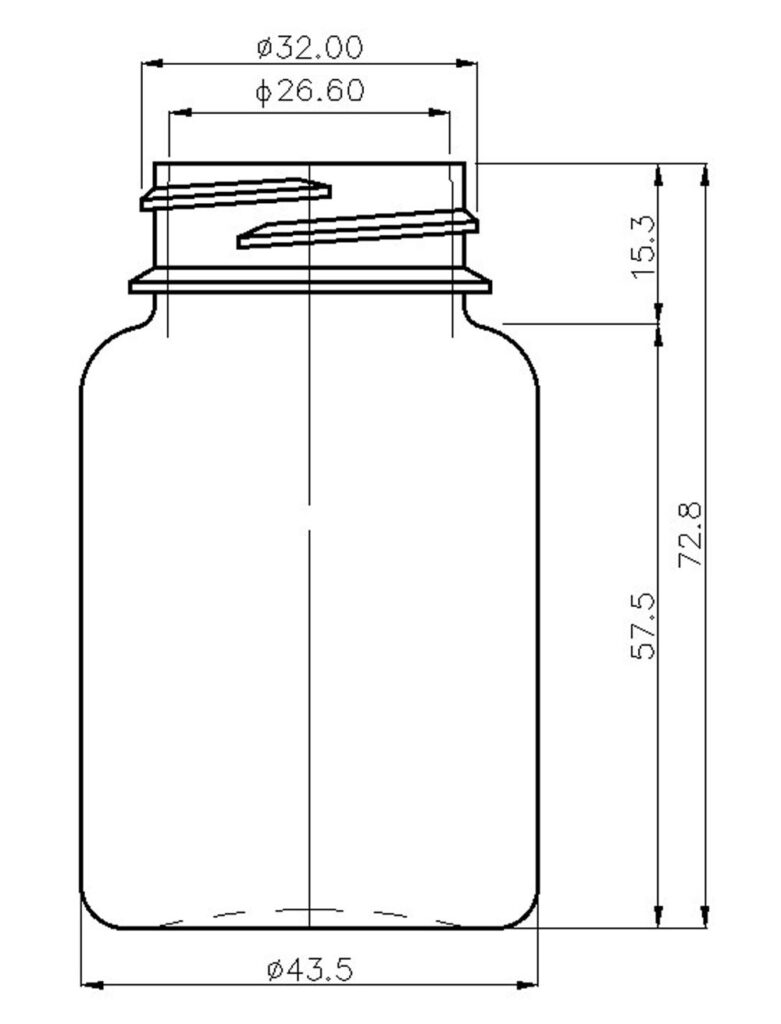dimension of 75cc PE Bottle and flacon and Container for pharmaceutical capsule and tablet with 32mm neck ابعاد قوطی قرص بطری فلاکن 75 سی سی با درب ساده و چایلدلاک
