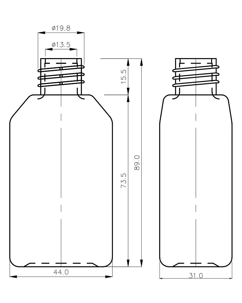 dimension of 60cc Rectangular PE Bottle neck 20mm ابعاد بطری پلی اتیلنی 60 سی سی چهارگوش دهانه 20 میلیمتر