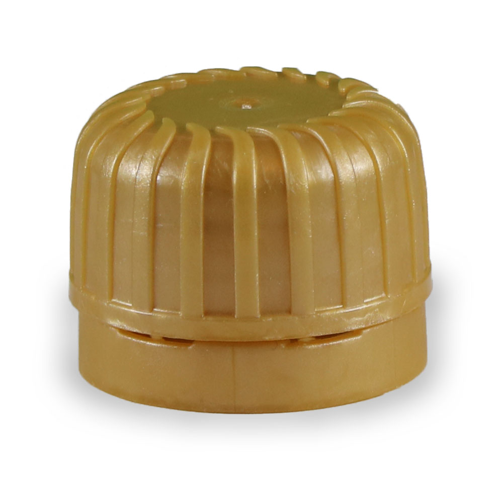 28mm golden Tamper Evident plastic Cap with orifice reducer for PET bottle درب طلایی پلاستیکی 28 میلیمتر پلمپ دار با آسان ریز یا روانریز بطری پت