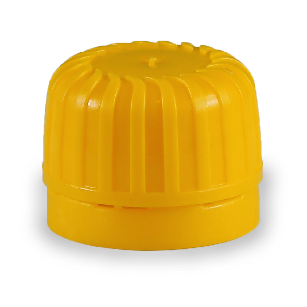 28mm Yellow Tamper Evident plastic Cap with orifice reducer for PET bottle درب زرد پلاستیکی 28 میلیمتر پلمپ دار با آسان ریز یا روانریز بطری پت