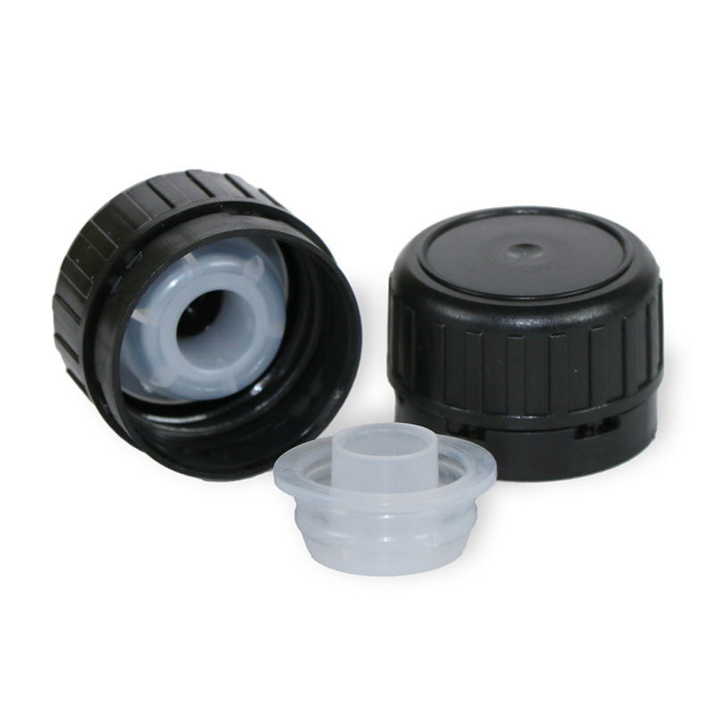 31.5mm black Tamper Evident plastic Cap with orifice reducer for glass bottle درب مشکی پلاستیکی 31.5 میلیمتر پلمپ دار با آسانریز یا روانریز بطری شیشه