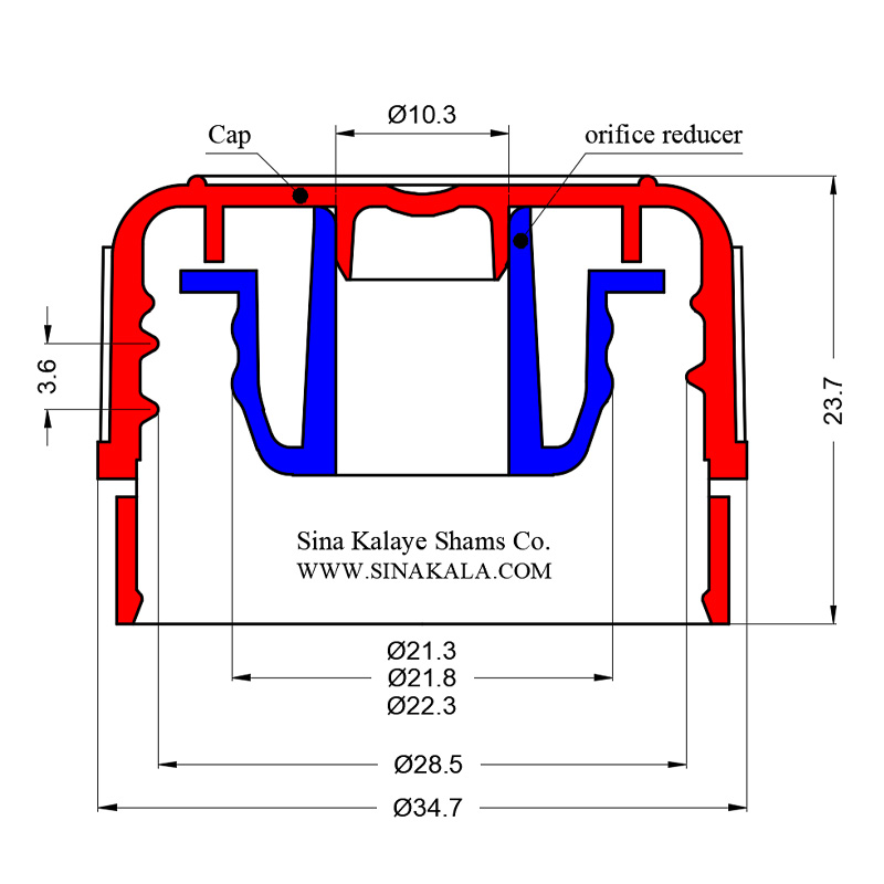 Drawing of 31.5mm Tamper Evident cap with orifice reducer نقشه درب 31.5 میلیمتر پلملپدار بطری شیشه با روانریز